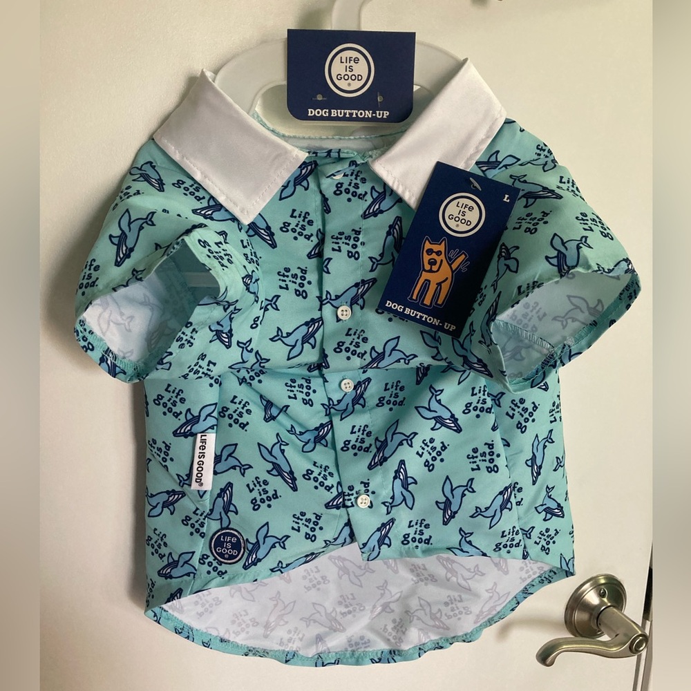 NEW! Sz L Life is Good Dog Button-Up Collar Shirt. Whales. READ Description.